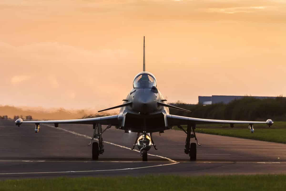 RAF Typhoon taxis out at sunset